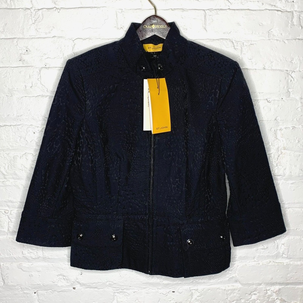 St John Womens Size 6 Caviar Full Zip Blazer Jacket Black Patterned‎ R628291